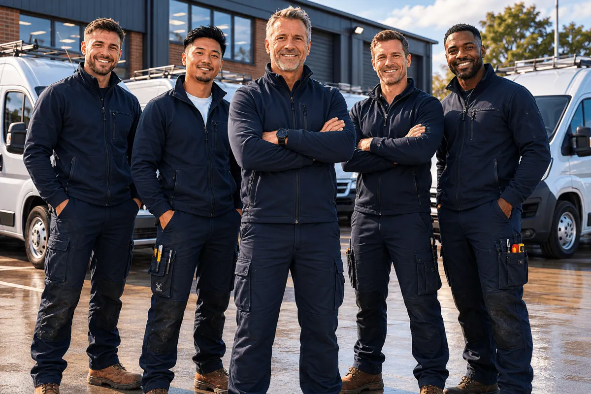 Team of five gas engineers standing confidently in front of a fleet of vans and business premises — a diverse group representing an established gas engineering company with staff, showing the type of trade business HomeFix Network helps grow across the West Midlands