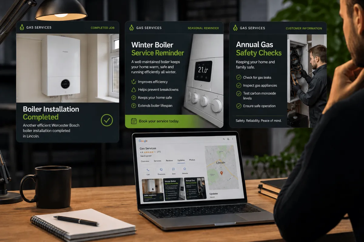 Gas engineer at a desk reviewing three professionally designed Google Business Profile posts created by HomeFix Network — dark branded posts with green and white accents showcasing completed boiler installation work