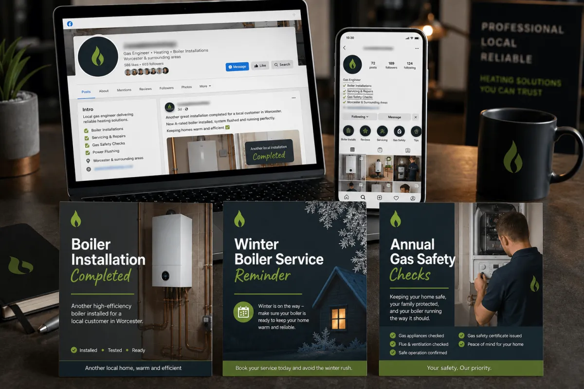 Three professional social media posts created by HomeFix Network for a gas engineer — dark branded posts with green accents showing winter boiler installation completed, winter boiler service reminder, and annual gas safety checks, displayed against a Facebook page on desktop and mobile