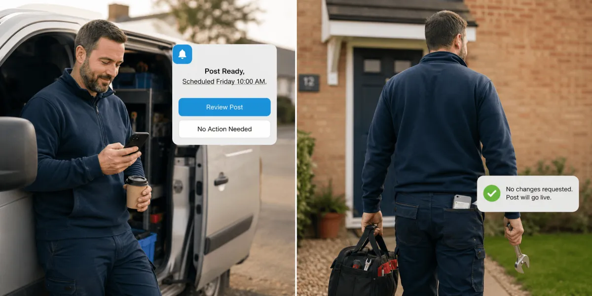 Split image showing how HomeFix Network handles scheduled social media posts for gas engineers — left: engineer by his van reviewing an upcoming post on his phone before it goes live, right: engineer heading to a job with phone in his back pocket while the post goes live automatically with no action needed