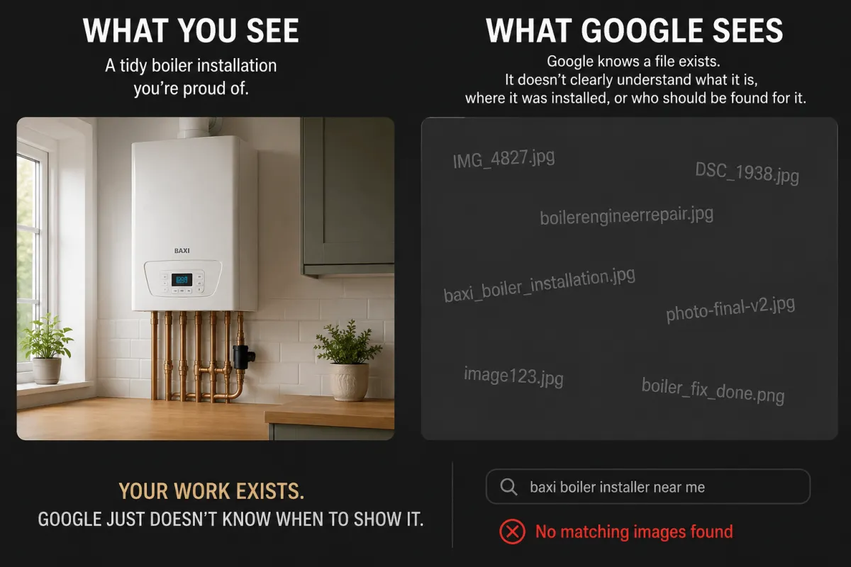 Educational split image — left shows a neat boiler installation a gas engineer is proud of, right shows what Google actually sees: an image file with no meaningful name, location, or context, explaining why Google cannot show the engineer's work in search results