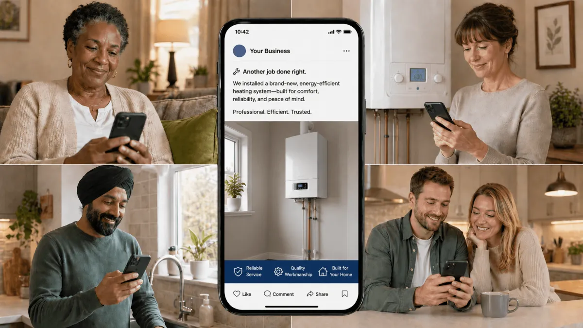 Split image showing four different UK homeowners viewing a gas engineer's profile on their phones — an elderly Black woman, a man in his thirties in a kitchen, a young couple, and an older woman standing next to her boiler — with a central phone screen displaying a professional post captioned Another Job Done Right