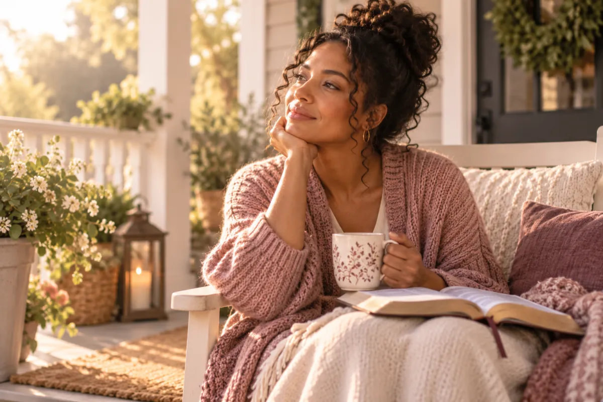 Woman reflecting with an open Bible on a peaceful front porch