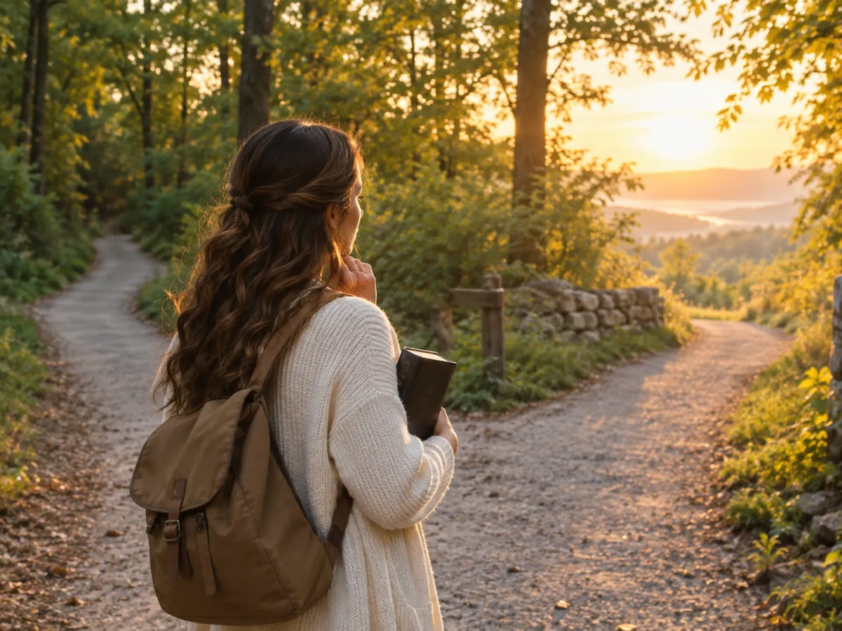 Woman standing in the woods at a fork in the path, holding a book and looking toward two different trails in warm evening light.