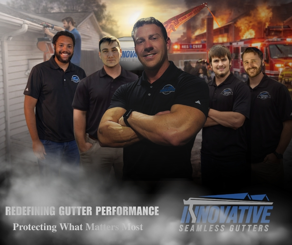 New gutters on ranch style home with owner posing with crossed arms