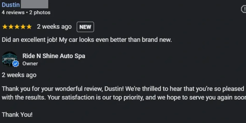 Side-by-side visual example of an original customer review and an AI-crafted reply in a clean card layout.