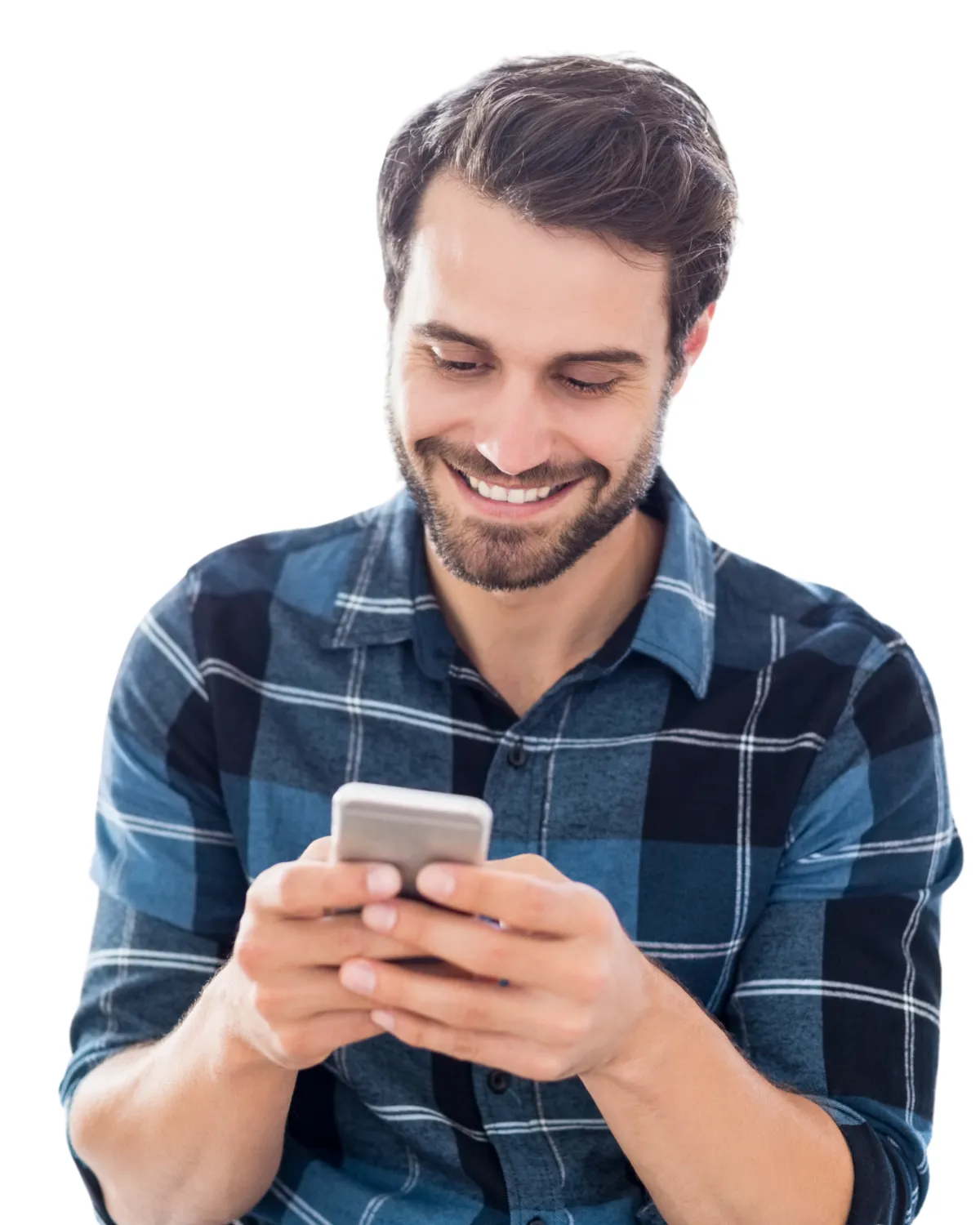 Smiling man in a blue plaid shirt using a smartphone, representing a small business owner benefiting from AI-powered call and text automation.
