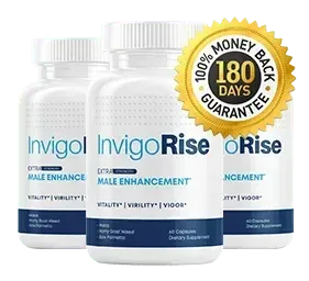 InvigoRise supplement bottle on a clean white background, with bold blue and green label, modern masculine design, and subtle shadow for depth.