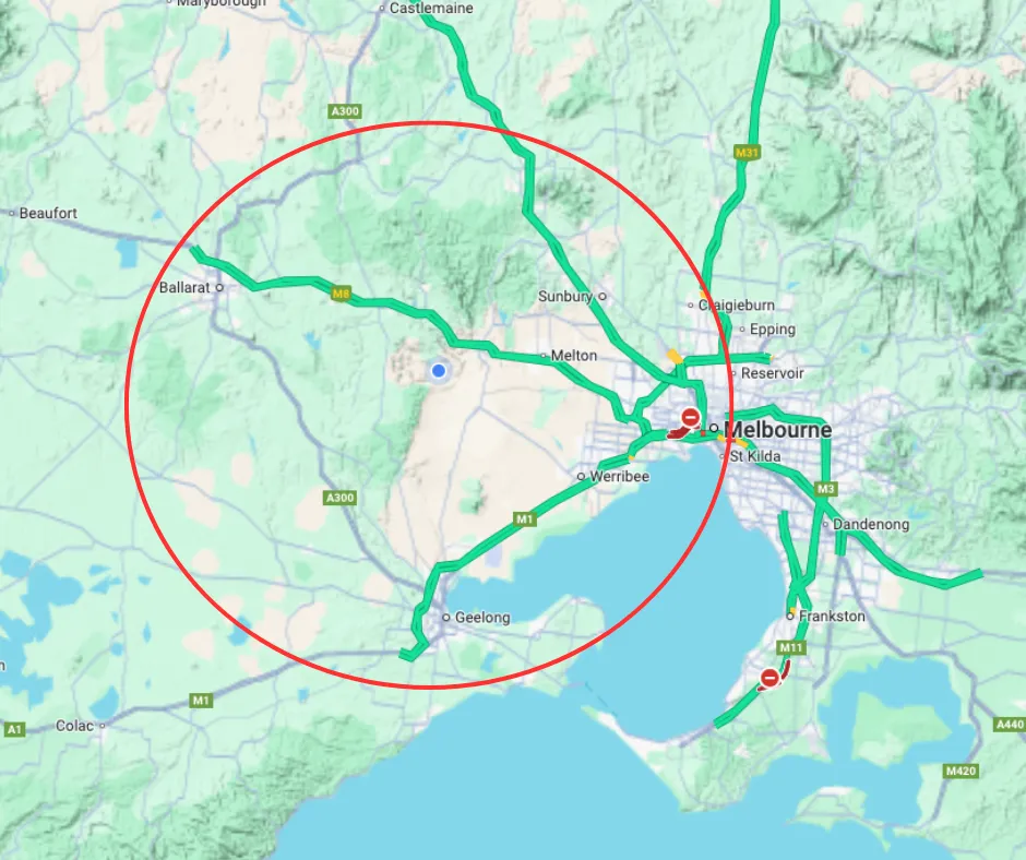 Map of service locations encasing Altona, Bacchus Marsh, Ballan, Ballarat, Bannockburn, Belmont, Blackwood, Caroline Springs, Clarkefield, Coimadai, Corio, Craigieburn, Darley, Daylesford, Deer Park, Diggers Rest, Epping, Footscray, Geelong, Gisborne, Greendale, Hoppers Crossing, Kyneton, Lancefield, Lara, Little River, Macedon, Maddingley, Melbourne, Melton, Newport, North Geelong, Point Cook, Reservoir, Riddells Creek, Rockbank, Romsey, St Kilda, Sunbury, Trentham, Werribee, Williamstown, Woodend