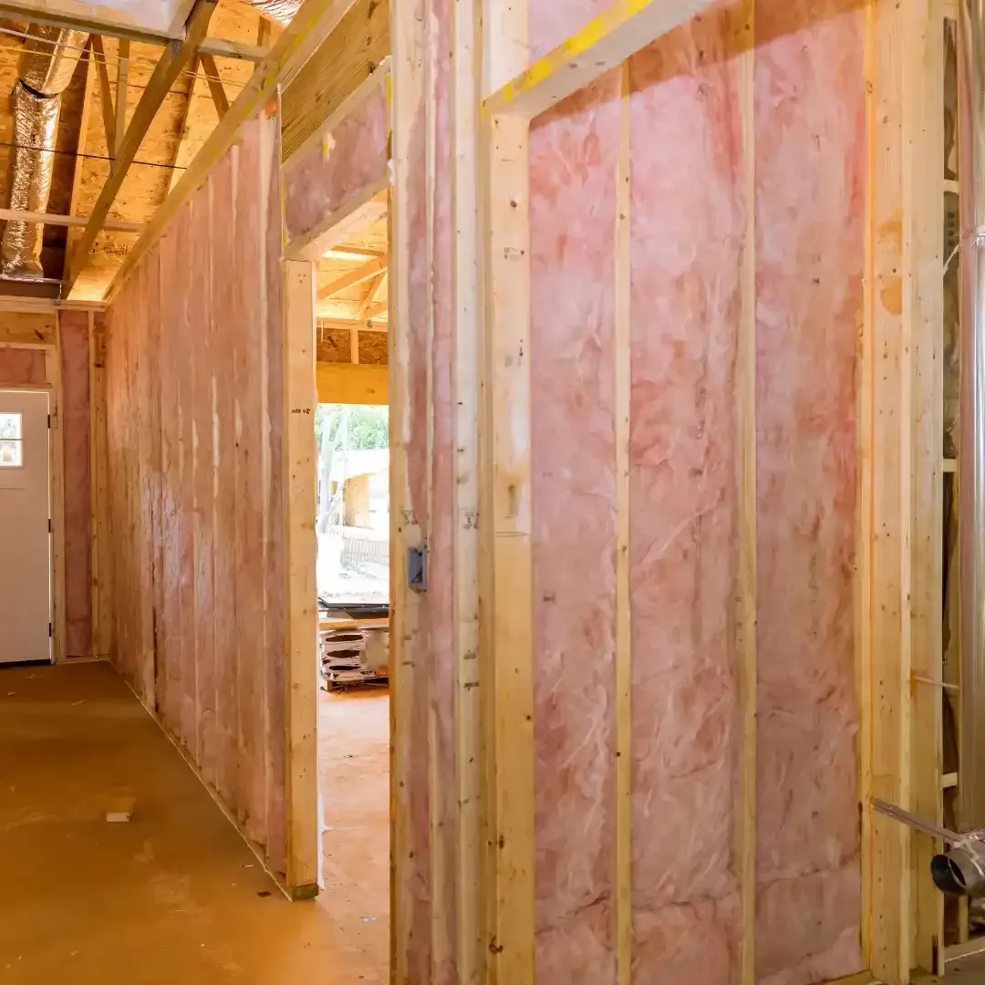 Fiberglass batts installed in new construction walls by Blue Line Insulation to boost energy efficiency and improve home comfort