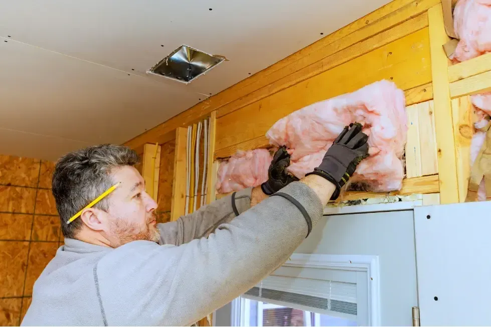 Installer placing fiberglass batt insulation in a wall cavity for improved home energy efficiency by Blue Line Insulation