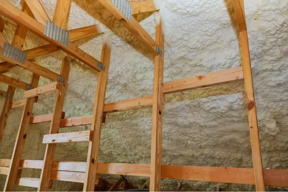 Open-cell spray foam insulation applied between wall studs in Port Saint Joe FL by Blue Line Insulation