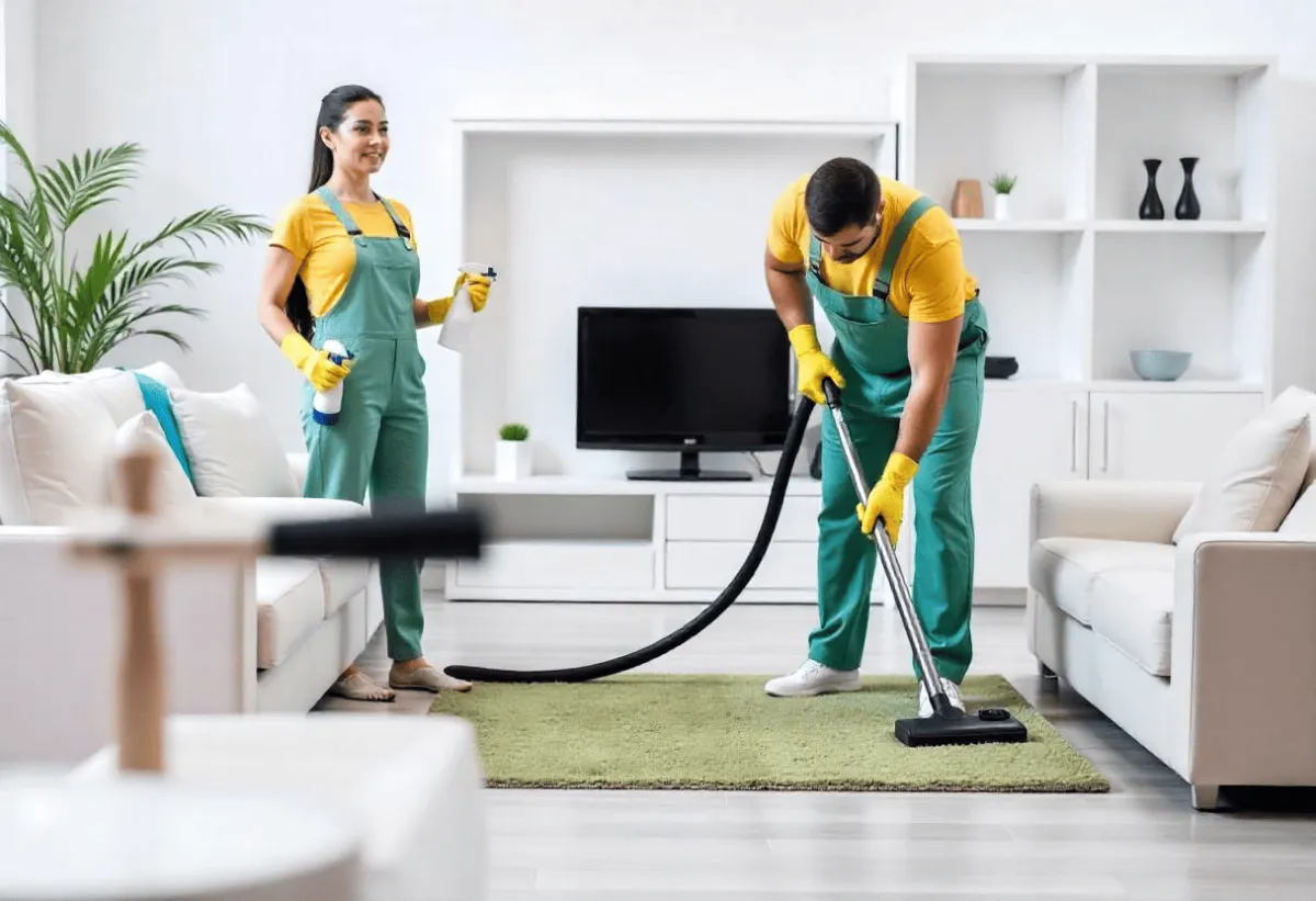 Young girl vacuuming a striped rug in a living room.