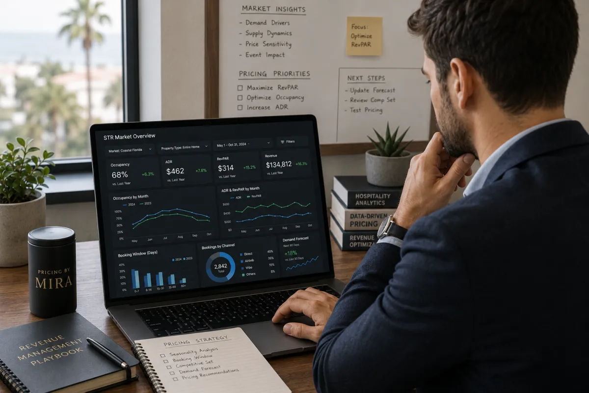 Revenue manager reviewing Airbnb occupancy and booking window analytics