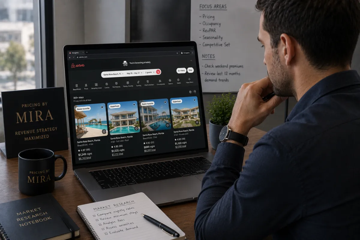 Revenue manager performing Airbnb comp set research in incognito mode