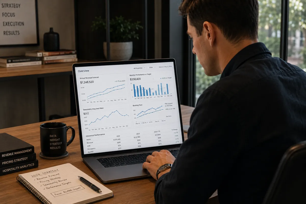 Revenue manager analyzing historical STR performance and revenue forecasts