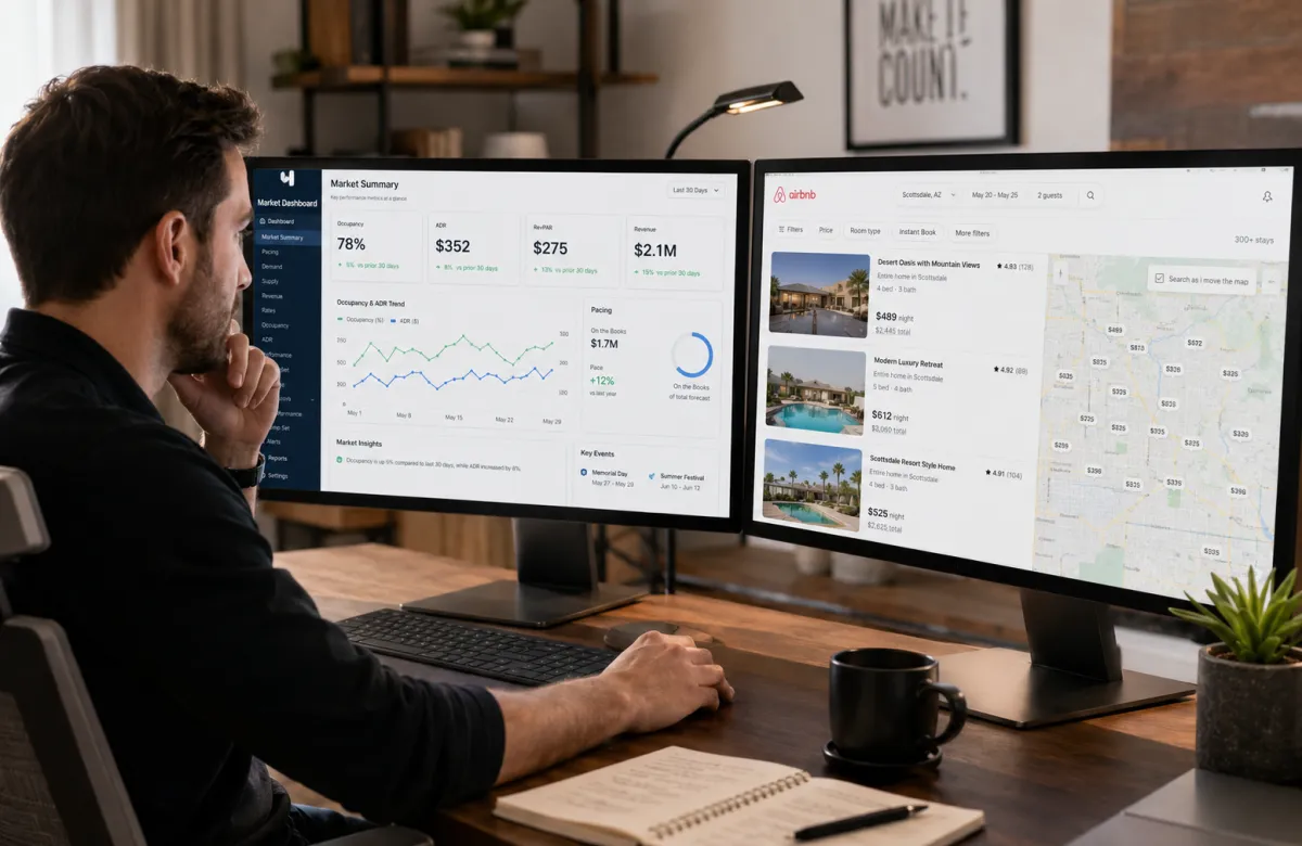 Revenue manager comparing PriceLabs comp data and Airbnb search results
