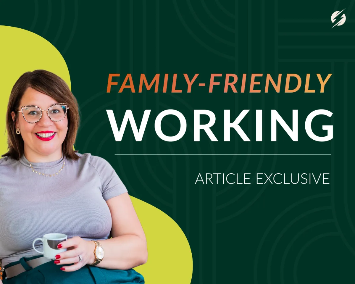 Thumbnail containing a picture of Angela and the title of her article feature (Family Friendly Working)