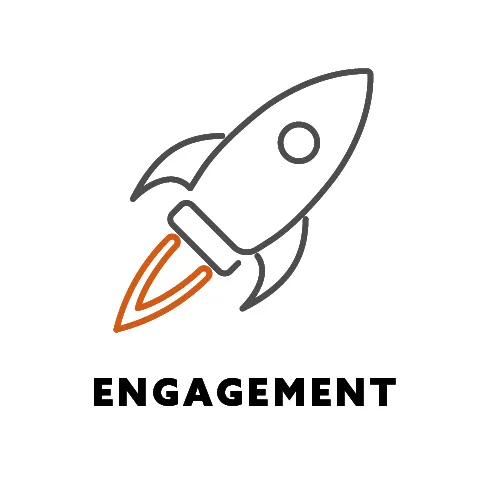 Icon of a rocket in motion, with the heading 'Engagement'