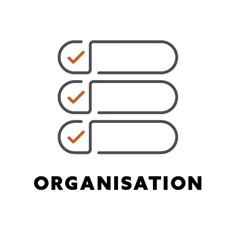 Icon of a ticked checklist, with the heading 'Organisation'