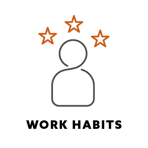 Icon of a person, with 3 stars above their head, with the heading 'Work Habits'