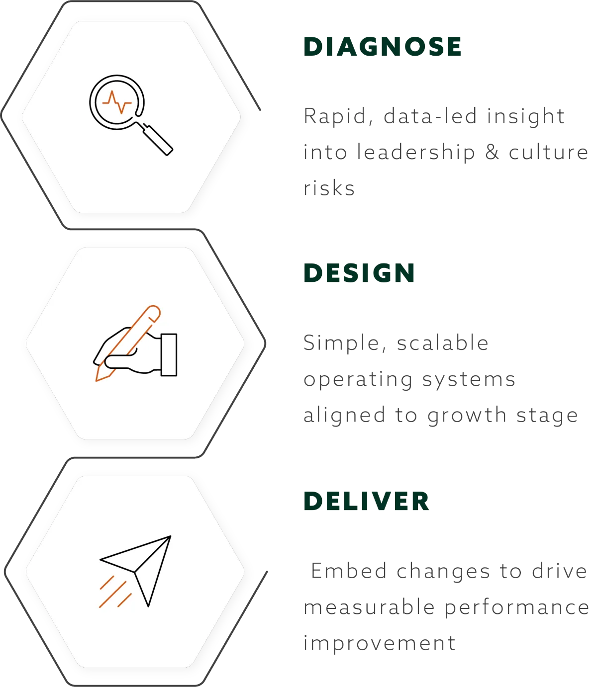 A framework containing three icons, one is a magnifying glass with a heartbeat in the centre, one with a hand holding a pen,and one of a flying paper airplane. Below each icon respectively are the titles Diagnose, Design and Delivery