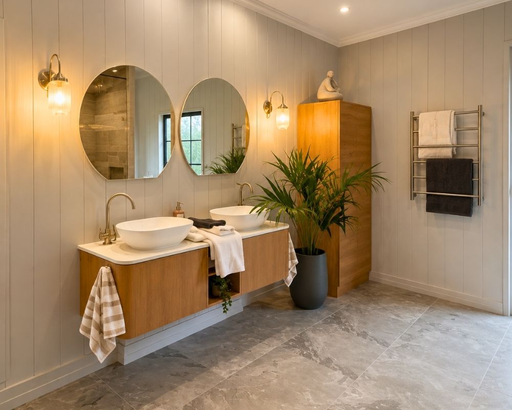 Luxury ensuite with double vanity and timber cabinetry in a Tanawha home renovation