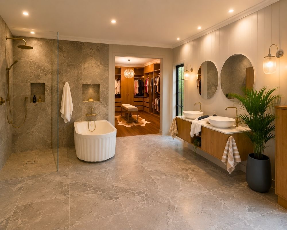 Luxury master suite combining a spacious ensuite and custom walk-in robe after a Tanawha home renovation