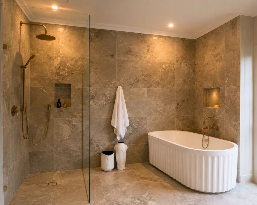 Luxury bathroom renovation featuring a freestanding bath and walk-in shower