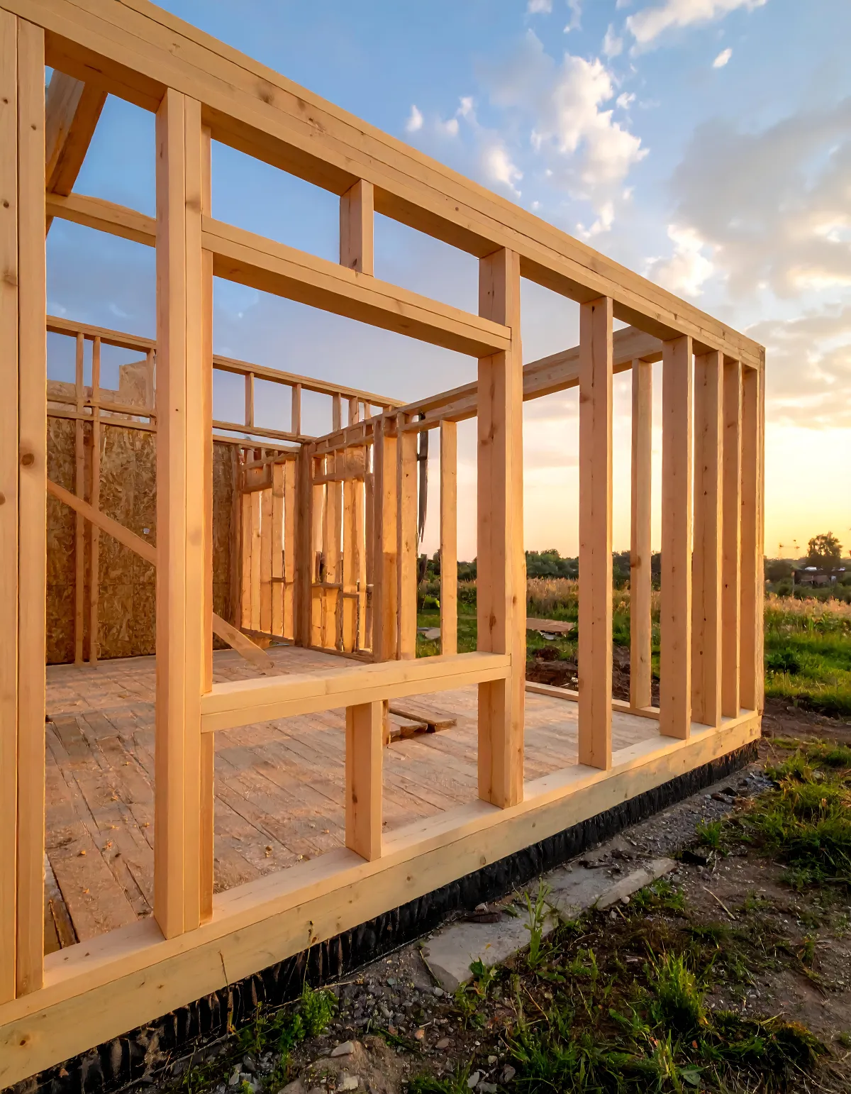 Wood frame structure of a residential building under construction, showing exterior wall framing at an early stage of the build.