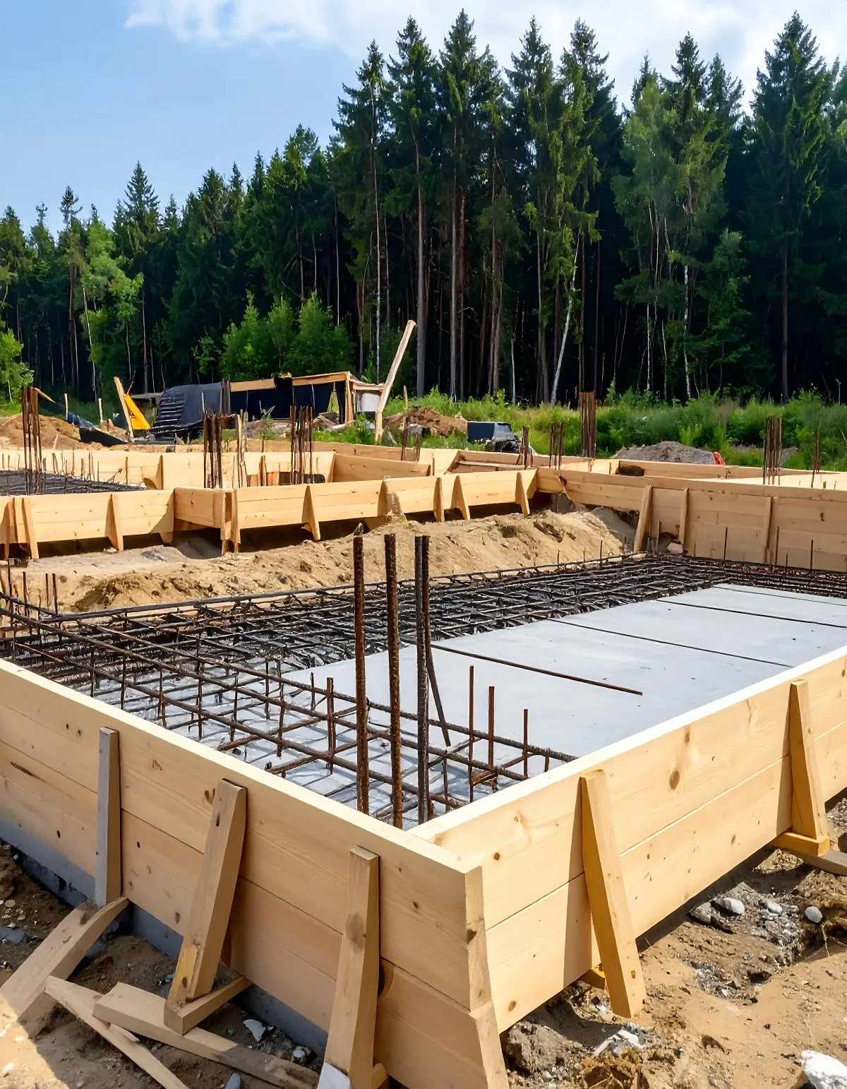 Concrete foundation formwork with rebar reinforcement prepared for a residential building at a construction site surrounded by trees.