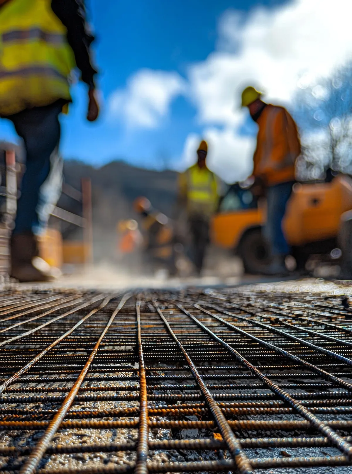 Construction workers preparing a rebar grid foundation at an active construction site with heavy equipment in the background.