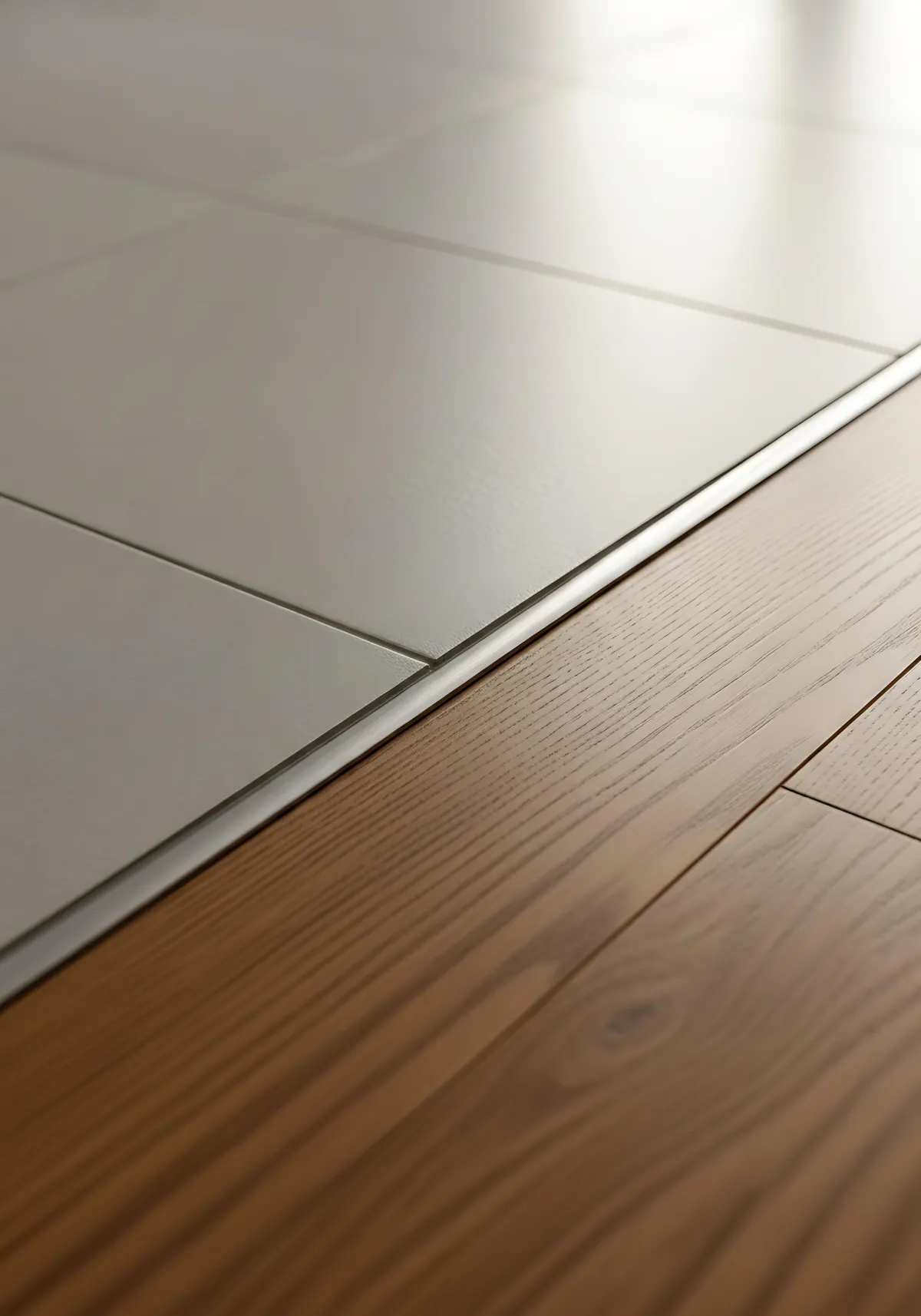 Close-up of hardwood flooring transition strip connecting wood planks to tiled floor with clean, seamless finish.