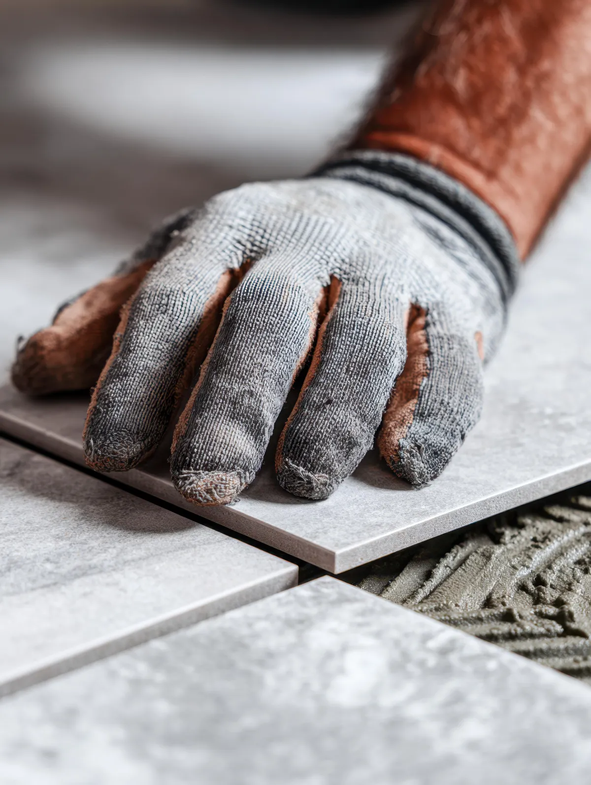 Gloved hand carefully placing ceramic floor tile during installation, showing precise alignment and spacing on adhesive mortar.