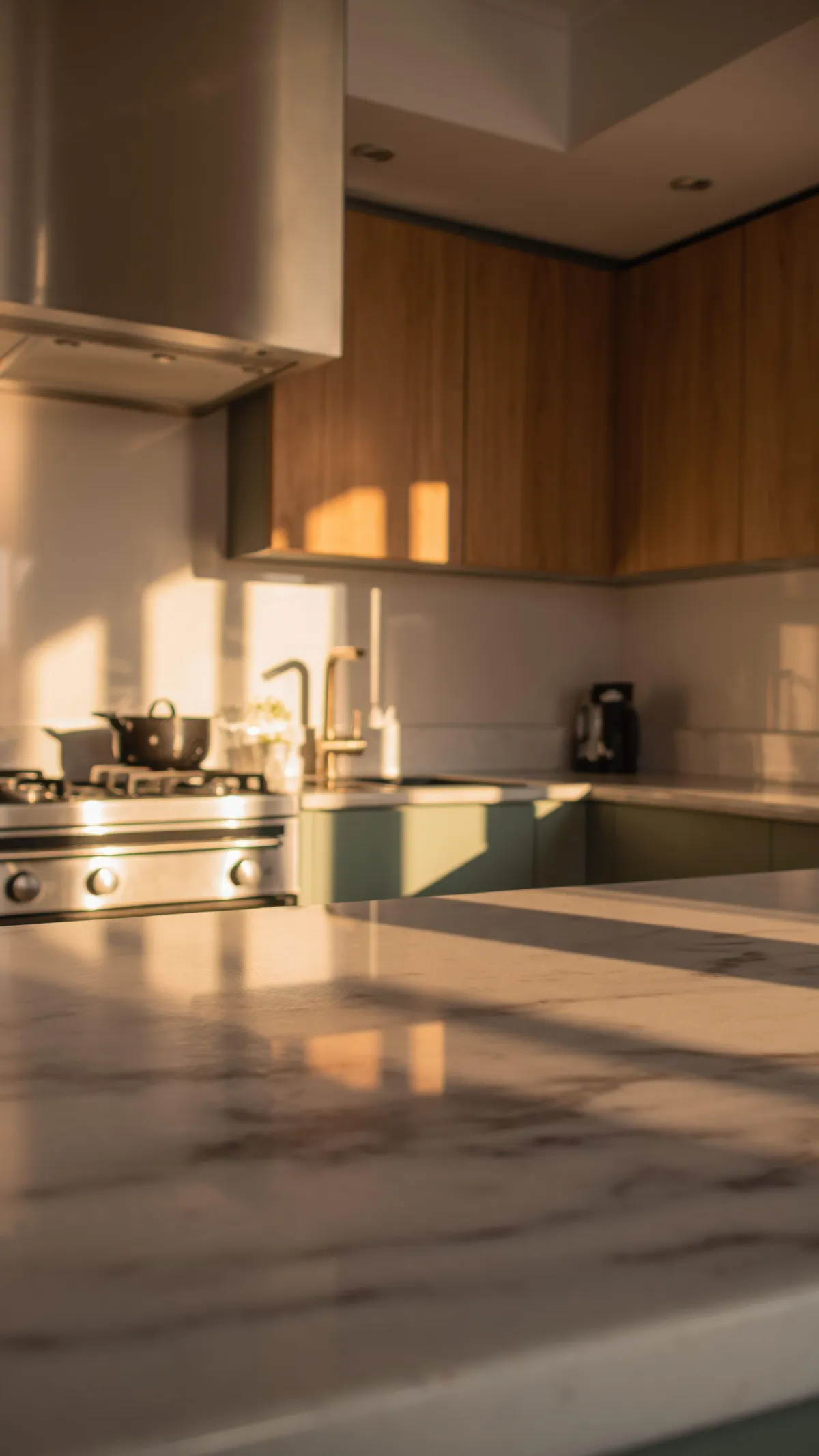 Modern kitchen interior with marble countertop, stainless steel stove, and warm wood cabinetry in natural sunlight.