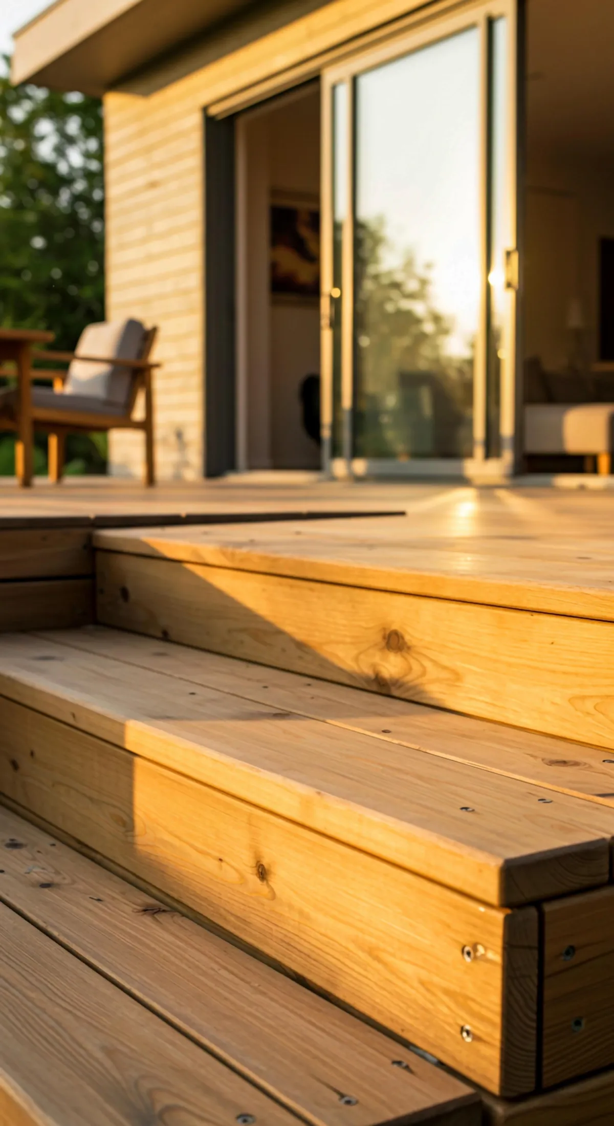 Wooden deck steps leading to a modern patio with sliding glass doors, highlighted by warm natural sunlight and outdoor seating.