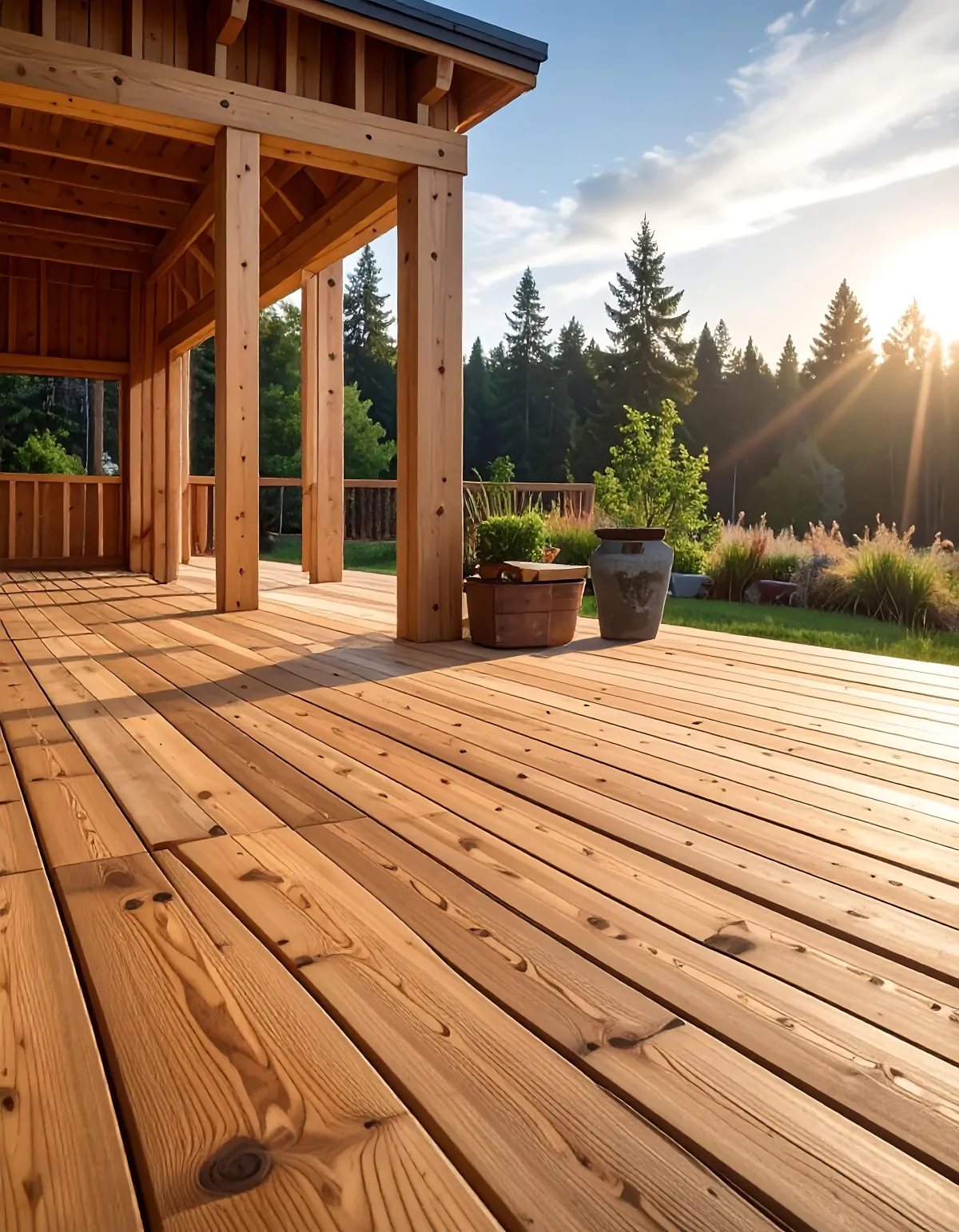 Spacious wooden deck with natural timber planks and covered porch, overlooking landscaped greenery and trees in warm sunlight.