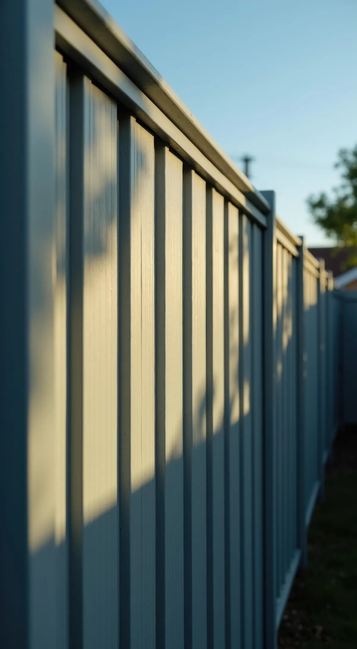 Vertical metal privacy fence panels installed along a residential property, casting soft shadows in natural sunlight.