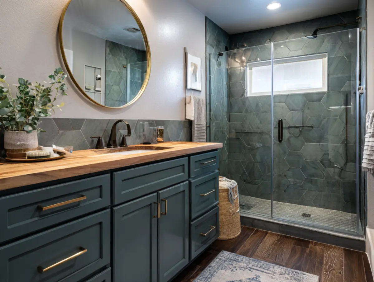 Luxury bathroom renovation featuring double vanity, custom cabinets, and walk in glass shower designed by Dream Design Building Group