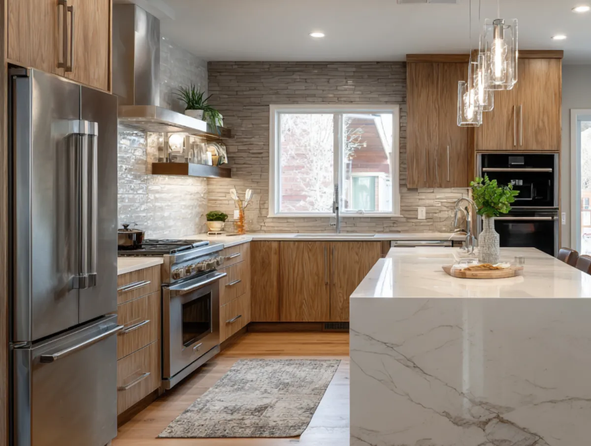 Modern kitchen remodel with quartz island, wood cabinetry, and stainless steel appliances by Dream Design Building Group in Jacksonville Florida