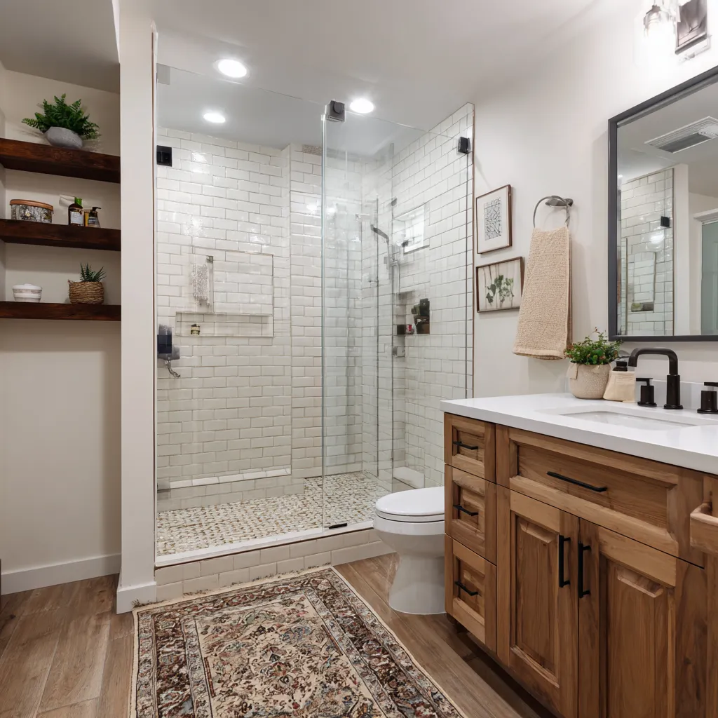 Luxury bathroom renovation with wood vanity, marble tile, gold fixtures, and walk in shower designed by Dream Design Building Group