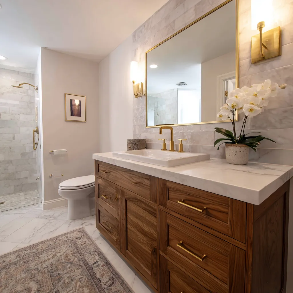 Luxury bathroom renovation with wood vanity, marble tile, gold fixtures, and walk in shower designed by Dream Design Building Group