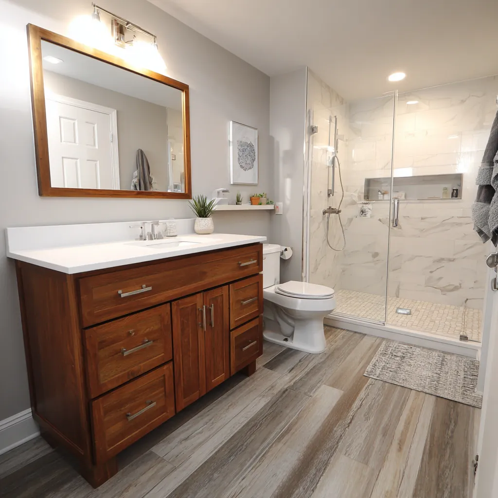 Bathroom remodel featuring wood vanity, quartz countertop, and frameless glass shower by Dream Design Building Group Jacksonville