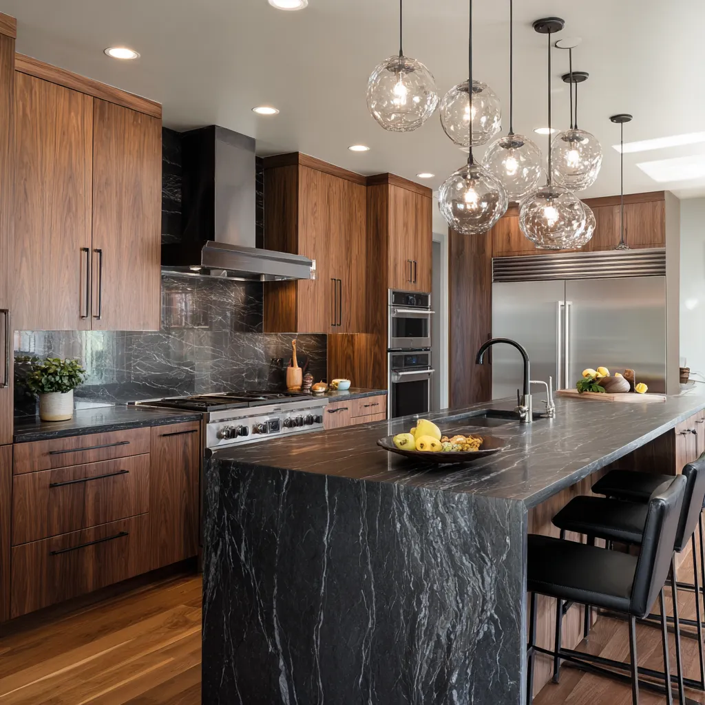 Modern kitchen remodel with dark stone waterfall island, wood cabinetry, and pendant lighting by Dream Design Building Group