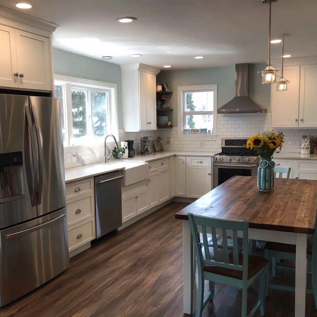 Contemporary kitchen renovation with wood cabinets, quartz island, and stainless steel appliances by Dream Design Building Group