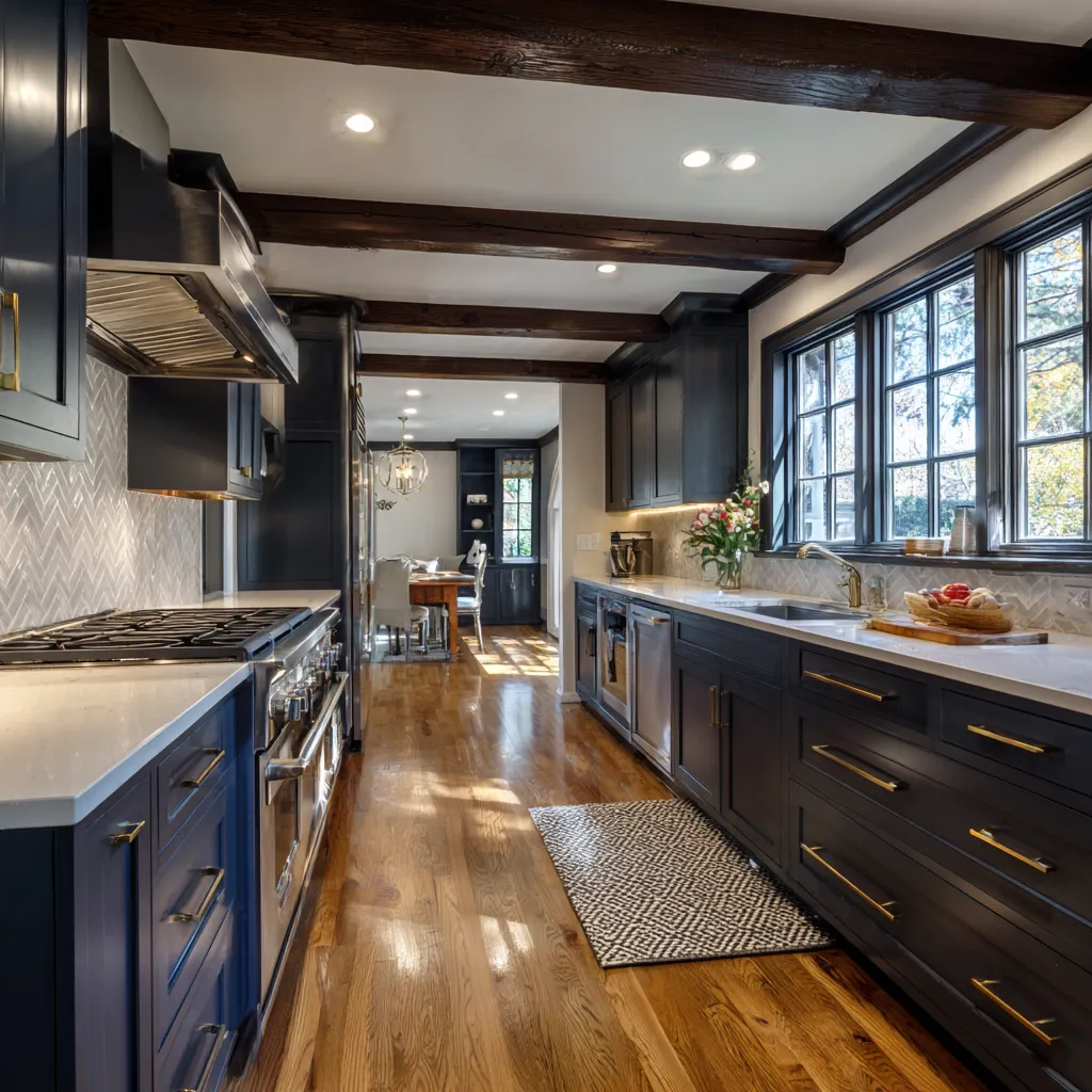 Custom kitchen renovation with navy cabinets, wood beams, stainless steel appliances, and hardwood flooring by Dream Design Building Group