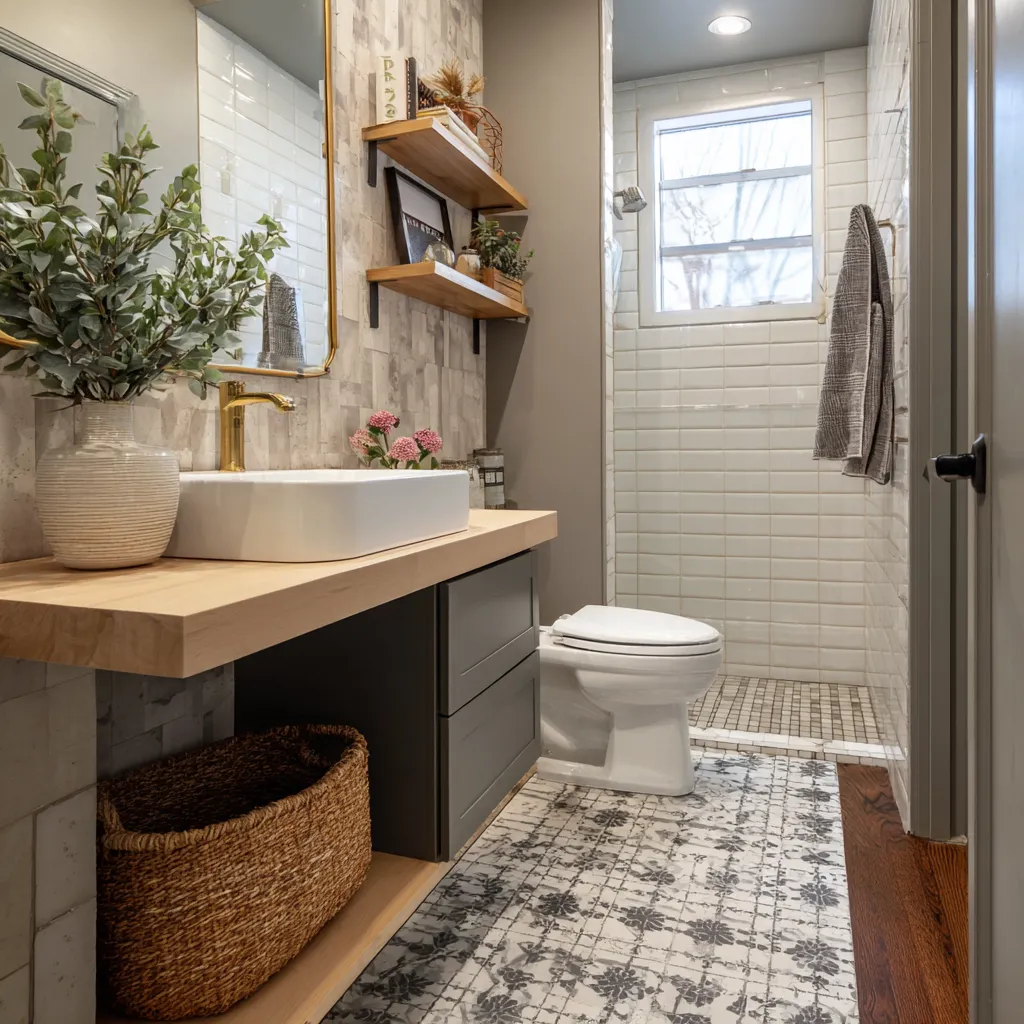 Bathroom renovation with floating vanity, open shelving, and walk in tile shower designed by Dream Design Building Group