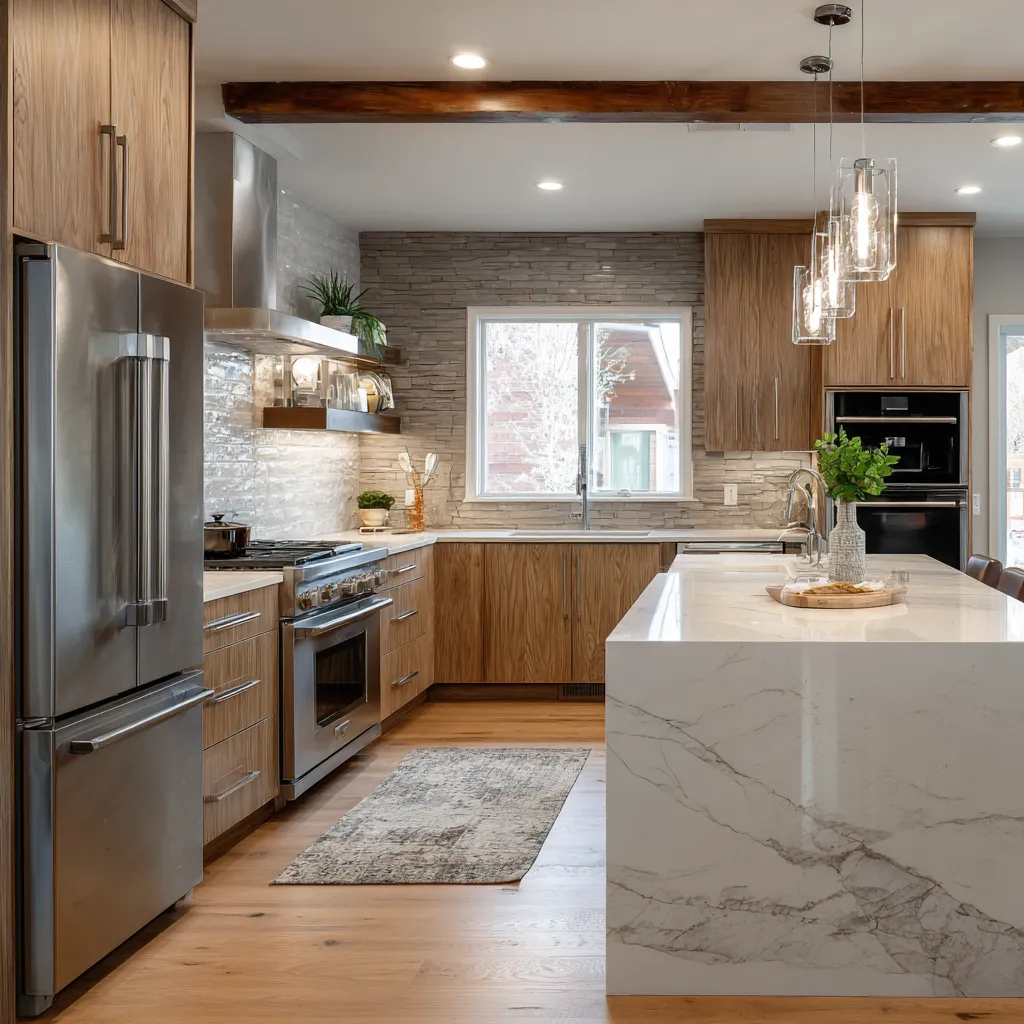 Contemporary kitchen remodel with wood cabinets, quartz island, pendant lights, and tile backsplash completed by Dream Design Building Group