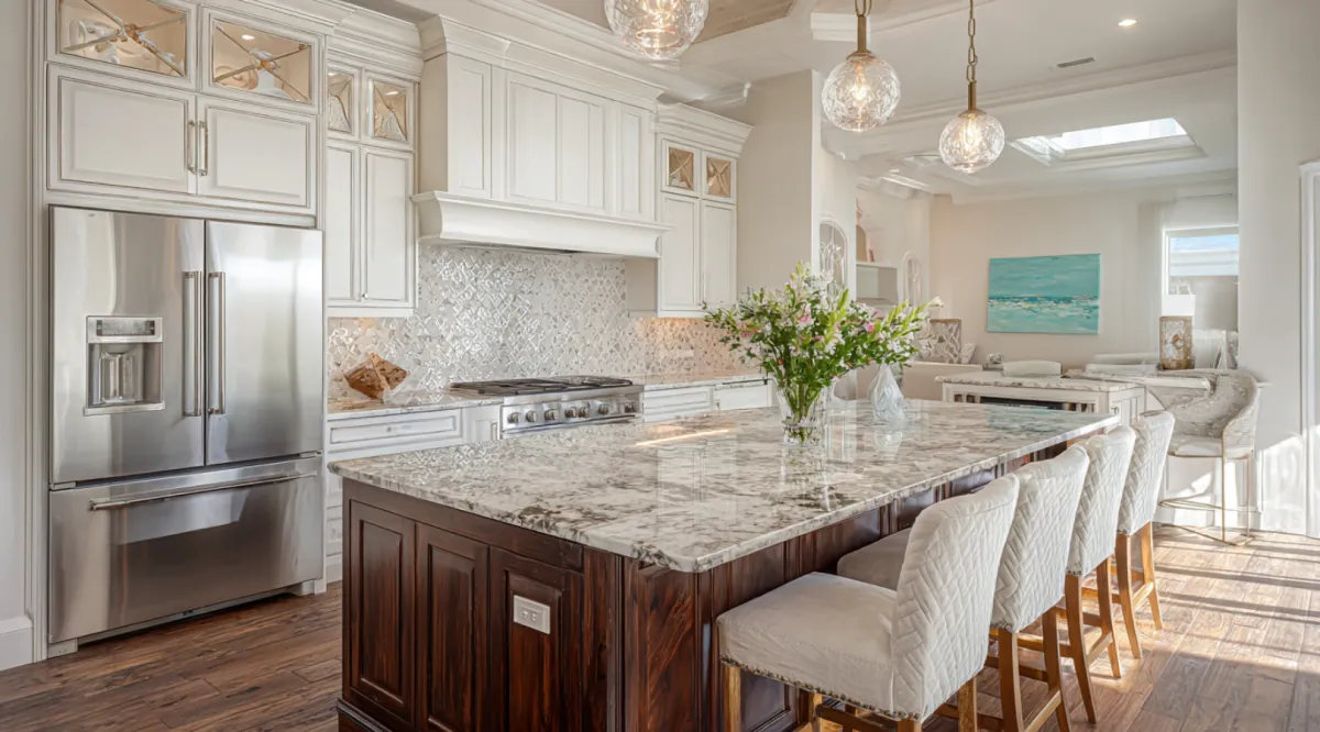 Luxury kitchen remodel with marble island, white cabinetry, and stainless steel appliances by Dream Design Building Group Jacksonville Florida