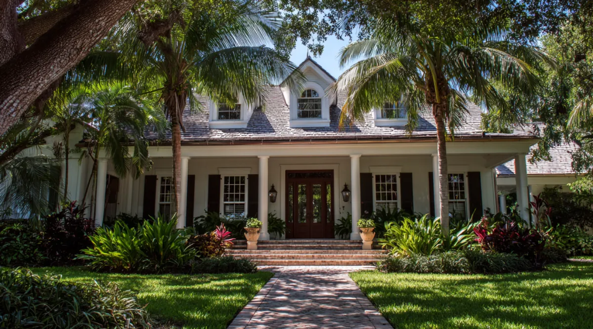 Custom home in Florida with wraparound porch, palm trees, and landscaped front yard by Dream Design Building Group Jacksonville